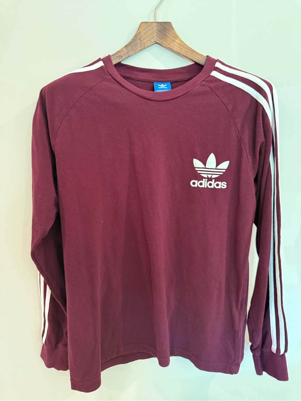 adidas Originals Burgundy Trefoil 3-Stripe Long Sleeve Tee | Men’s Small - Picture 4 of 7